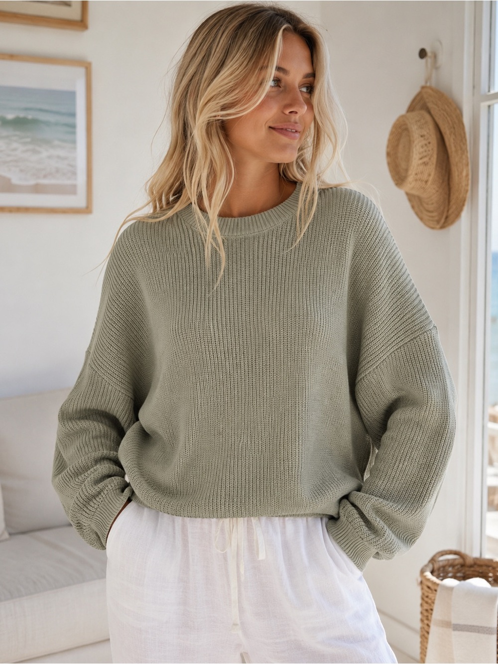 Hollister Oversized Sage Green Crewneck Knit Sweater | Large | Coastal Grandma